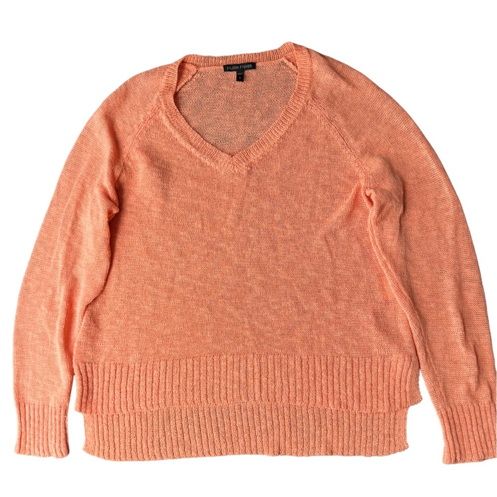 Eileen Fisher Linen Cotton Blend V-Neck Lightweight Loose Knit High-Low Sweater - Picture 10 of 12